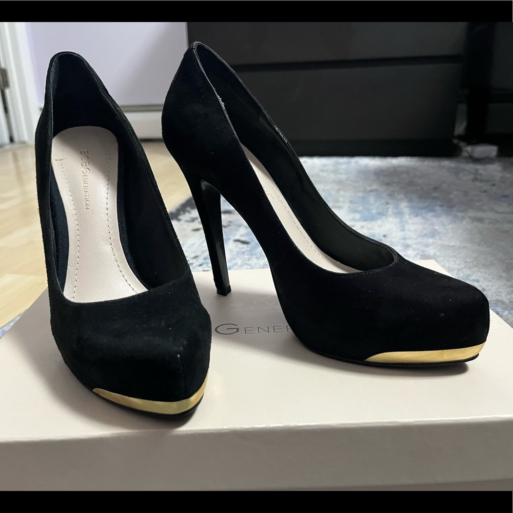 BCBGeneration Black Suede Putnam Platform Shoes with Gold Toe Detail Pumps Heels